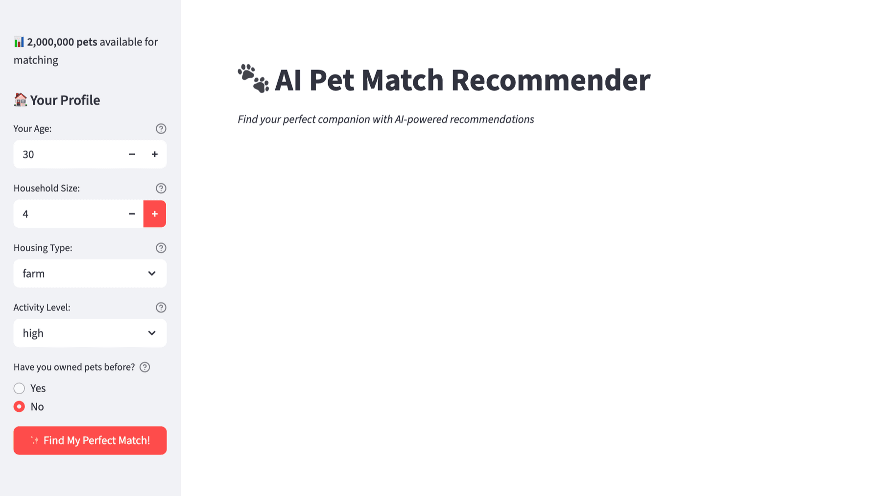 Pet-Adopter Match Recommender screenshot